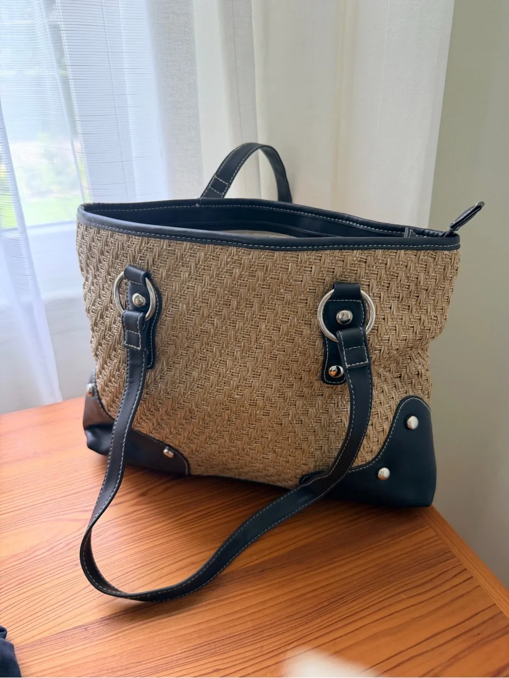 Boho Chic Woven faux Straw Tote Bag with Black Faux Leather Trim